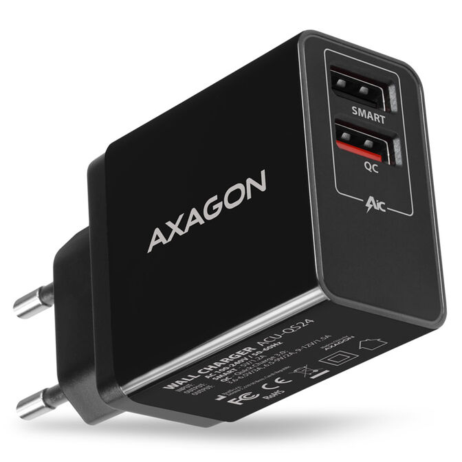 AXAGON ACU-QS24 Ladeger&auml;t, 2x USB-A, QC3.0/Smart 5V 1,2A, 24W - schwarz image number 0