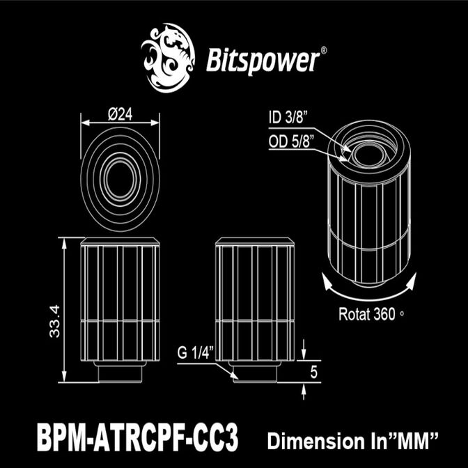 Bitspower Artemis Anschluss gerade G1/4 Zoll AG auf 16/10mm, drehbar - Sandblast silber image number 1