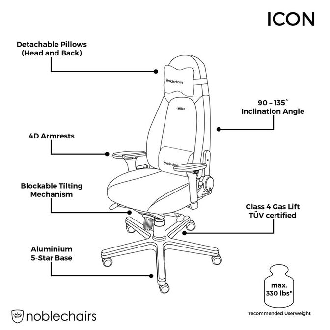 noblechairs ICON Echtleder Gaming Stuhl - schwarz/schwarz image number 6