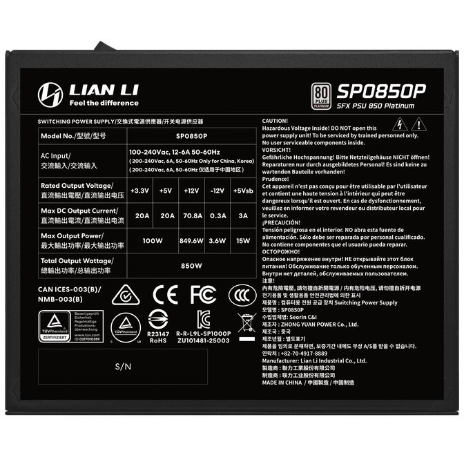 Lian Li SP Series Platinum 80 PLUS Platinum Power Supply, SFX, fully modular, PCIe 5.1, ATX 3.1 - 850 Watts, black image number 5