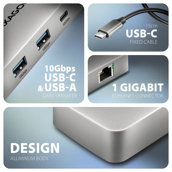 AXAGON HMC-CUB83X2 USB-C Hub, 7in1-Dockingstation, Dual 4K, 10Gbps - Grau image number 2