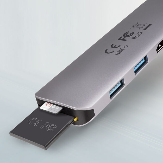 AXAGON HMC-5 USB-C-Hub, 2x USB-A, HDMI, 2x USB-C 3.2 Gen 1, 1x SD, 1x microSD, silber image number 1