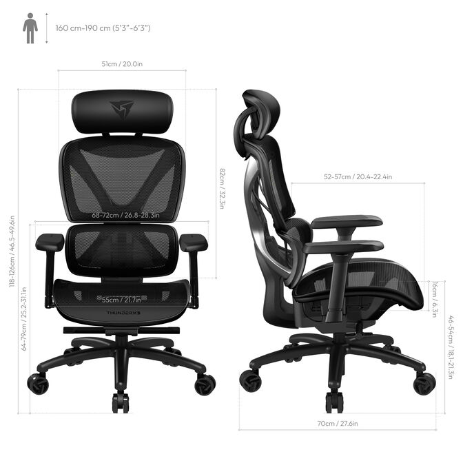 ThunderX3 XTC Ergonomischer B&uuml;rostuhl, Mesh - schwarz image number 5