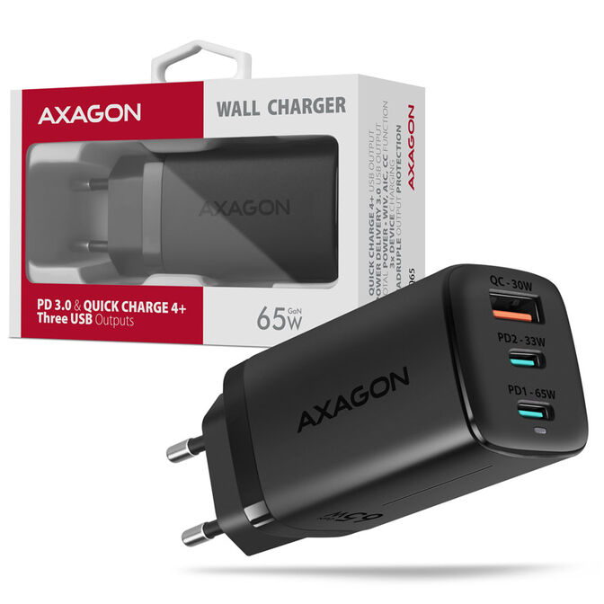 AXAGON ACU-DPQ65 Ladeger&auml;t, 2x USB-C, 1x USB-A, PD3.0/QC4+/PPS, 65W - schwarz image number 3