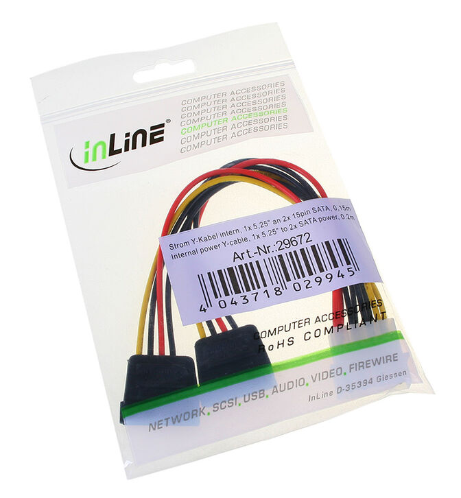 InLine 4-Pol Molex Strom Y-Kabel an 2x SATA-Strom - 0,15m image number 1