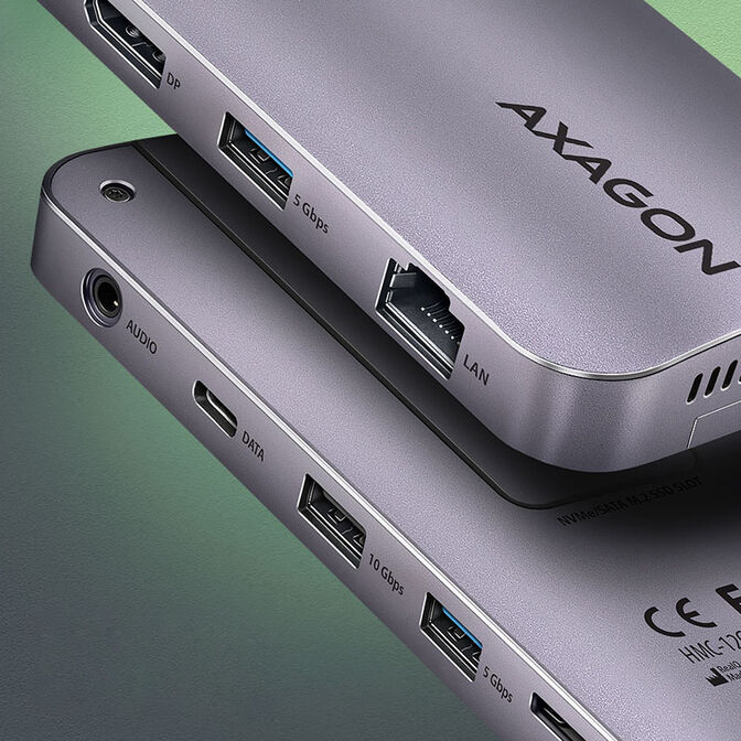 AXAGON HMC-12GM2 Multiport-Hub, USB-C 3.1, M.2-NVMe/SATA, DP + HDMI, Gbit-LAN, 3x USB-A, 1x USB-C, C image number 1