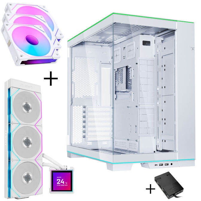 Lian Li O11 Dynamic EVO RGB PC Case Bundle HydroShift II LCD-S 360TL AiO + 3x UNI FAN SL-INF 120 Reverse Blade Fans - White image number 0