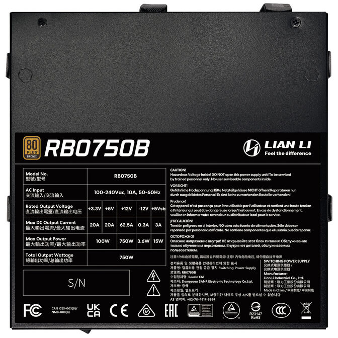 Lian Li RB Series 80 PLUS Bronze Netzteil, teilmodular, PCIe 5.1, ATX 3.1 - 750 Watt, schwarz image number 4
