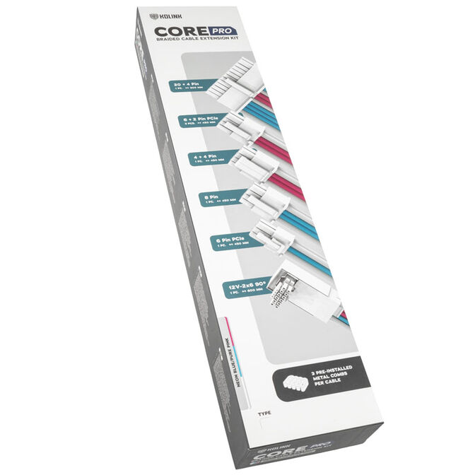 Kolink Core Pro Braided Cable Extension Kit 12V-2x6 Type 1 - Brilliant White/Neon Blue/Pure Pink image number 3