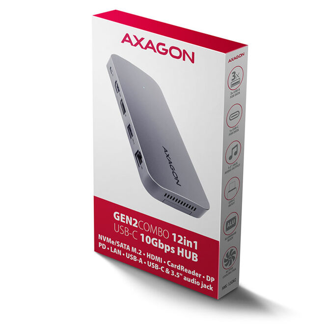 AXAGON HMC-12GM2 Multiport-Hub, USB-C 3.1, M.2-NVMe/SATA, DP + HDMI, Gbit-LAN, 3x USB-A, 1x USB-C, C image number 3
