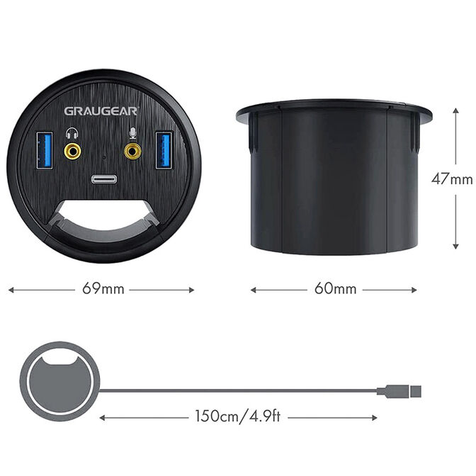 Graugear Tisch-HUB, USB 3.0 2x Type-A / 1x Type-C, Audioanschluss, 60 mm image number 2