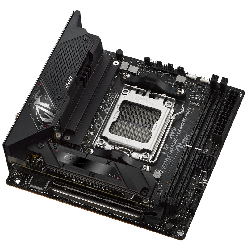 Das Bild zeigt das ROG STRIX B650E-I GAMING WIFI Mainboard.