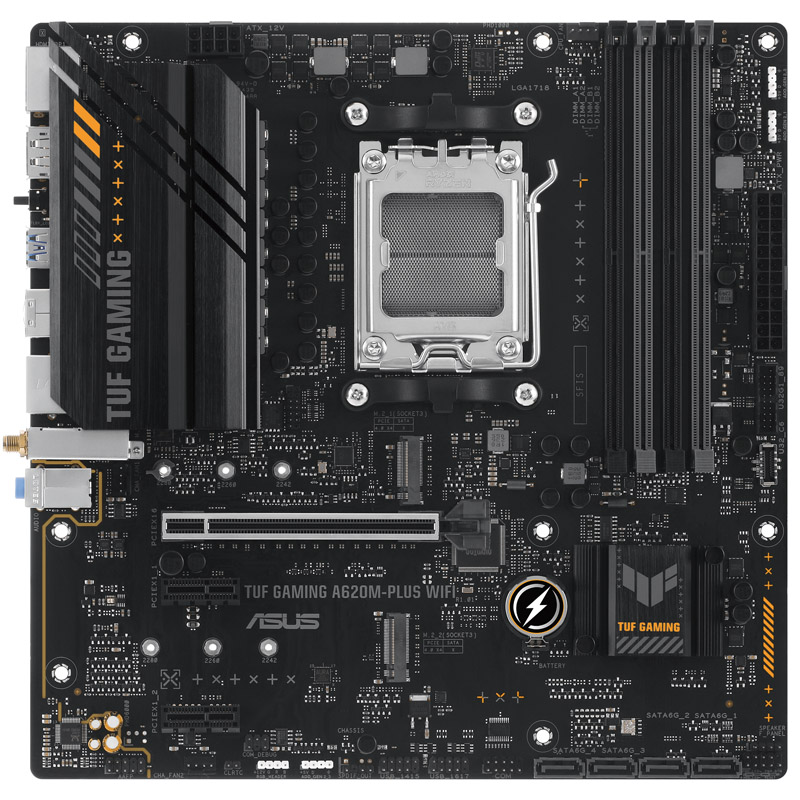 Das Bild zeigt das ASUS TUF Gaming A620M-Plus WiFi Mainboard.