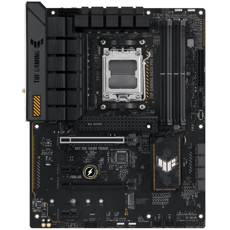 Das Bild zeigt das ASUS TUF Gaming A620-Pro WiFi Mainboard.