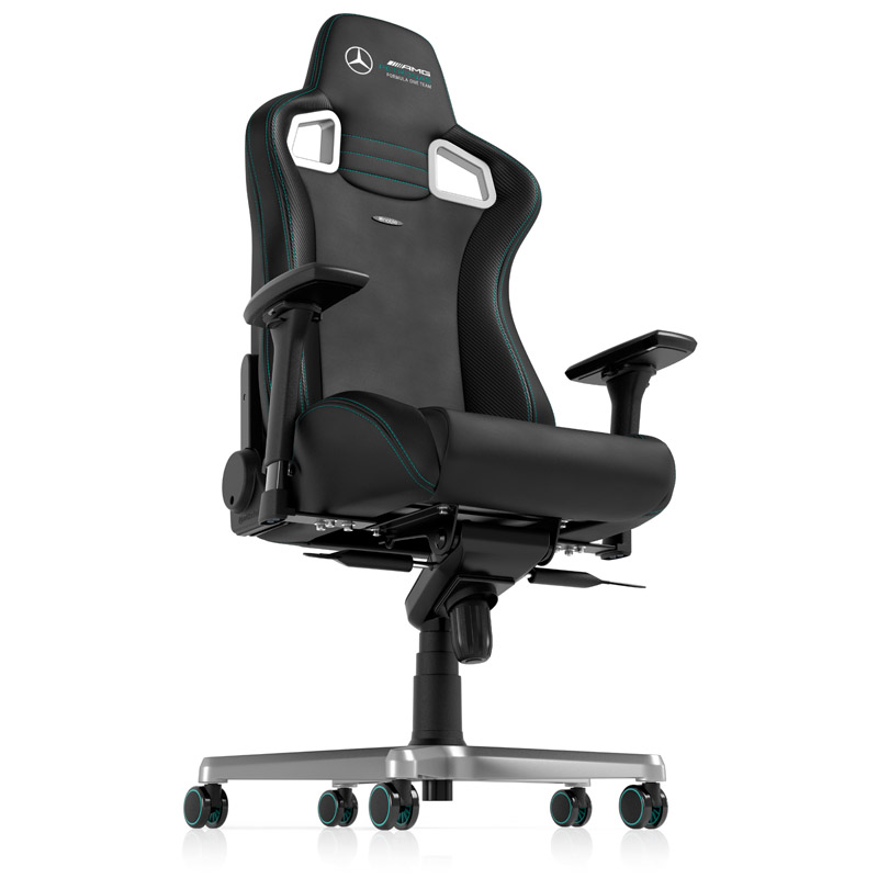 The picture shows the EPIC gaming chair from noblechairs in the Mercedes-AMG Petronas F1 Team Edition.