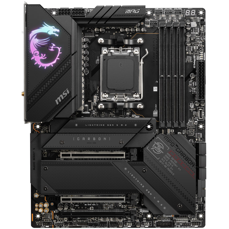 Das Bild zeigt das High-End-Gaming-Mainboard MSI MPG X670E Carbon WiFi.