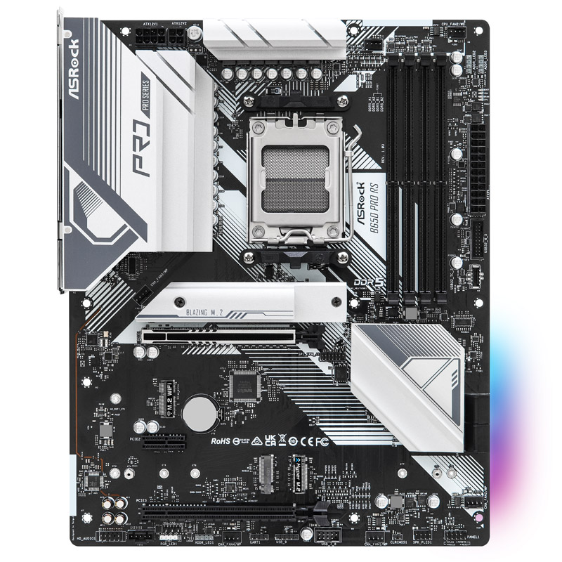 Das Bild zeigt das ASRock B650 Pro RS Mainboard.